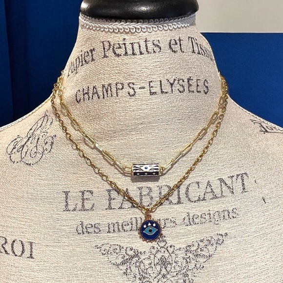 Gold toned and Blue Evil Eye Necklace Set Layer or wear alone - Picture 14 of 16